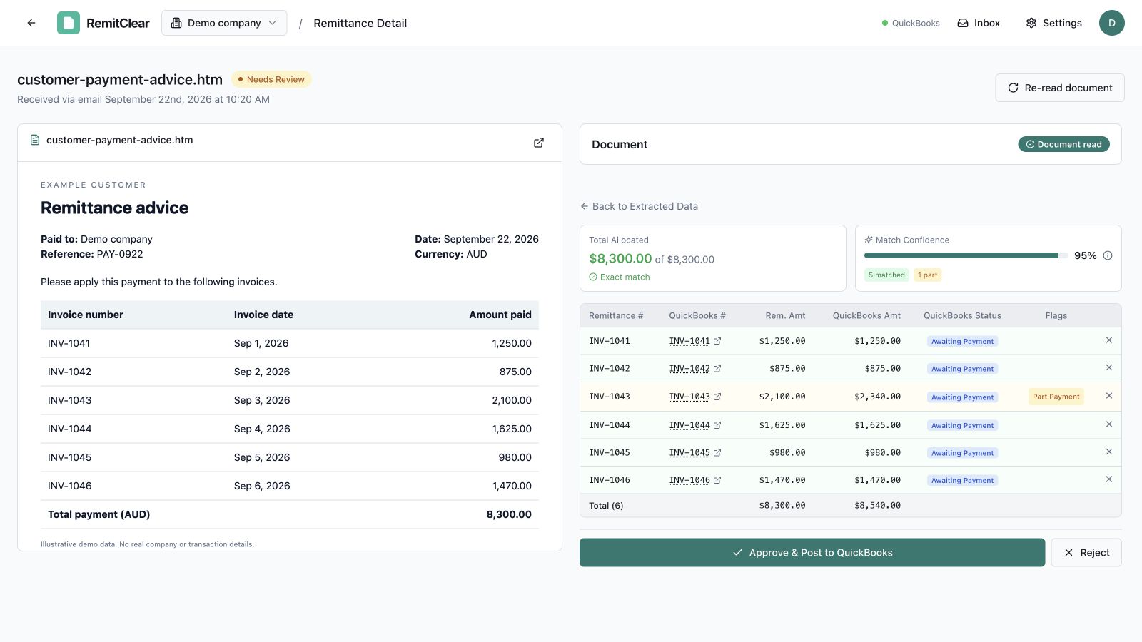 RemitClear's QuickBooks review screen with a demo remittance and a part-payment highlighted beside the matching invoice.